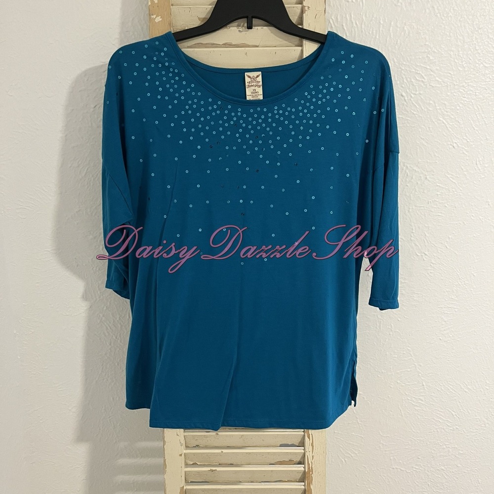 ✨Faded Glory Women Top 1X Teal Blouse Sequin 3/4 Sleeve Scoop Neck Tunic✨